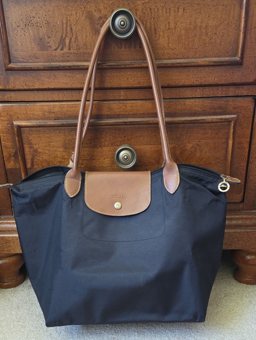 Longchamp Black Tote with Brown Leather Trim